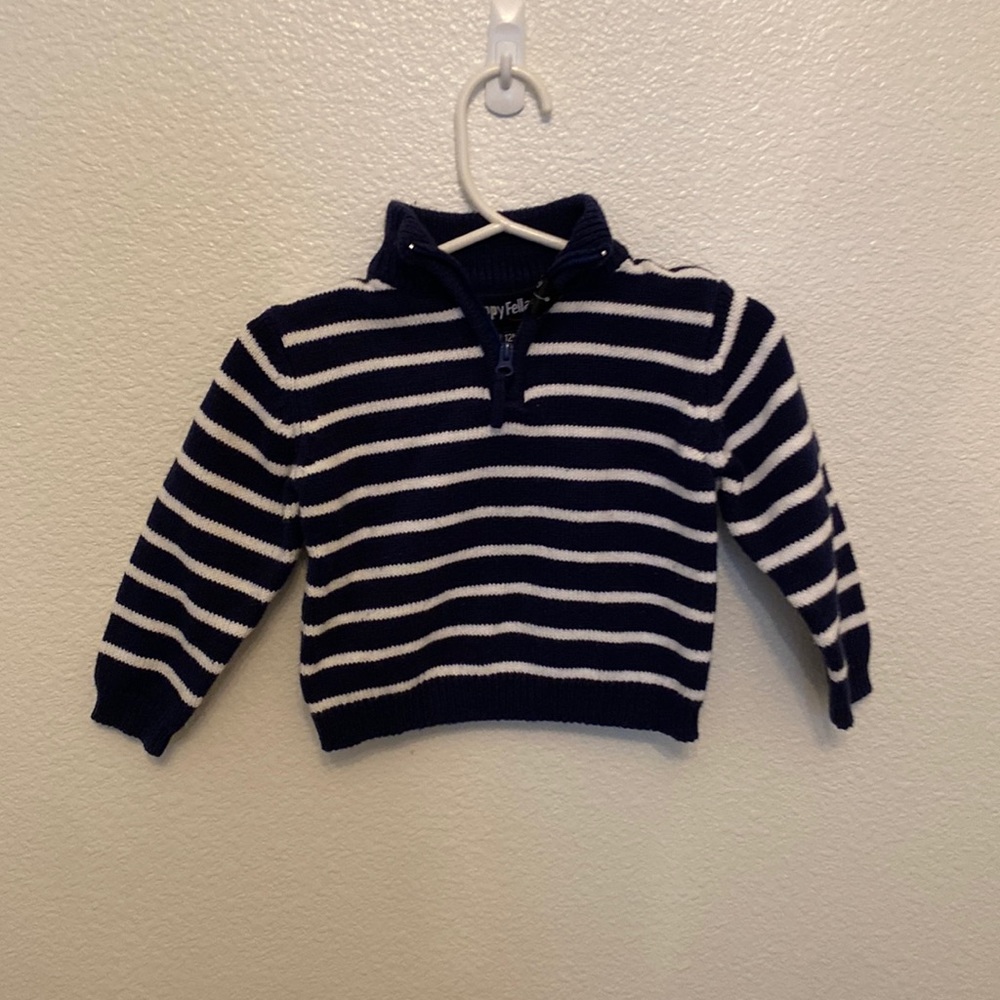 Striped white and navy 1/4 zip sweater